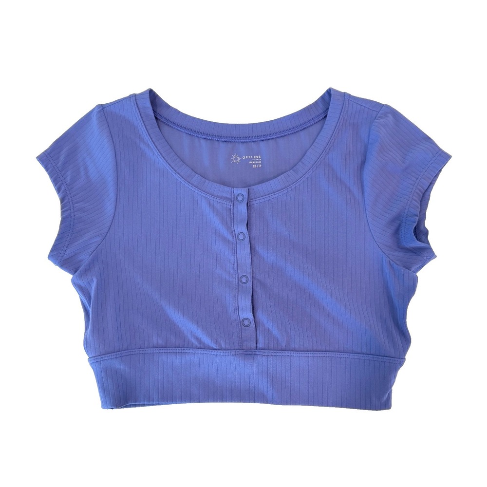 OFFLINE By Aerie Real Me XS Henley Neck Cropped T- Shirt  Blue Button Athleisure